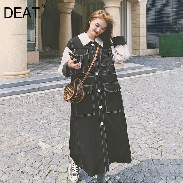 

deat] black denim coat women hit color full sleeve long length lapel collar high street wild 2020 new autumn fashion tu1751, Tan;black