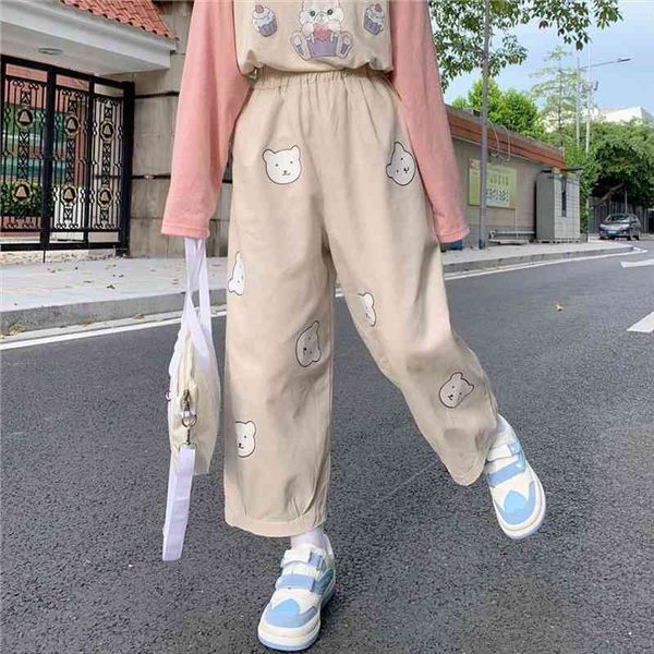 

japanese kawaii harajuku pants women high waist harem pants bear print casual wide leg trousers female joggers student sweatpant, Black;white