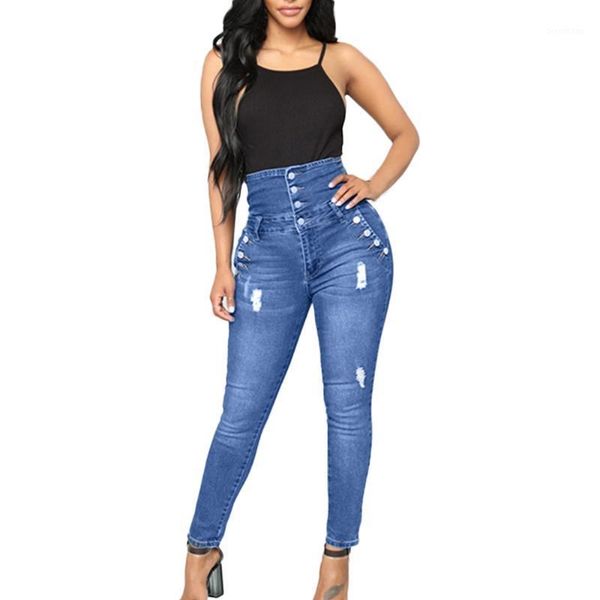 

spring casual female pants skinny ladies button ripped jeans for woman denim pencil high waist jeans mujer jeansy damskie 201, Blue