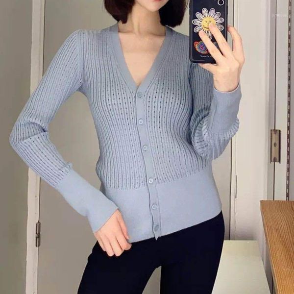 

new women v-neck knitted cardigan long sleeve single-breasted hollow out slim casual female knitwear sweater coat, White