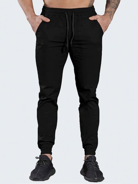 

men solid drawstring waist pants i9vg#, Black