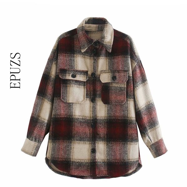 

vintage chic plaid shirt jackets women winter coat fashion pockets lapel collar casual jacket female thick outerwear 201029, Black;brown
