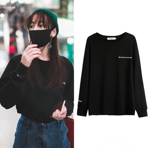 

deli reba star's new 2019 letter print black loose long sleeve t-shirt with coat, bottom layer i0boz, White