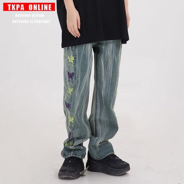 

tkpa street oldschool tie-dye gradient fried butterflies embroidered color jeans straight slacks icons1, Blue