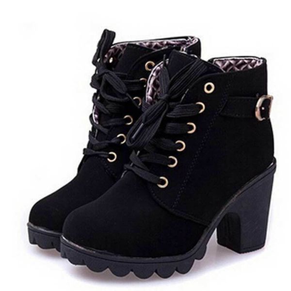 

lace-up ankle boots women shoes platform casual shoes woman 2021 fashion square heels solid platform shoes women boots c0202, Black