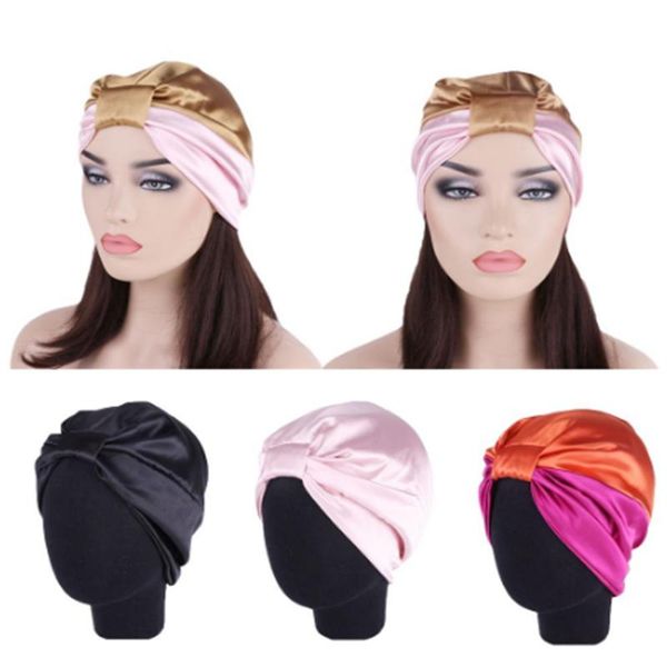 

women muslim cap double satin hood hat imitation silk nightcap hair care cap elastic headwear head wrap turban chemotherapy hat, Blue;gray