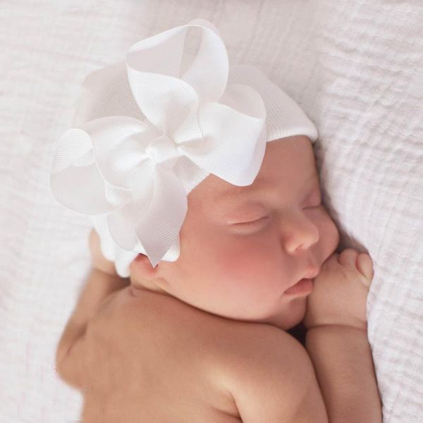 

new baby hat infant cotton comfy bowknot striped cap solid color winter warm toddler beanie newborn pgraphy props sleep caps, Slivery;white