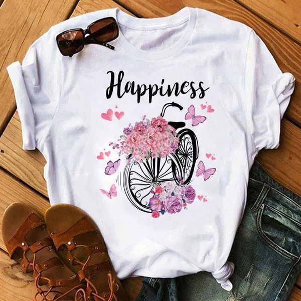 

new fashion women t shirt happiness flower bicycle women tshirt harajuku short sleeve t shirts cartoon casual woman tees, White