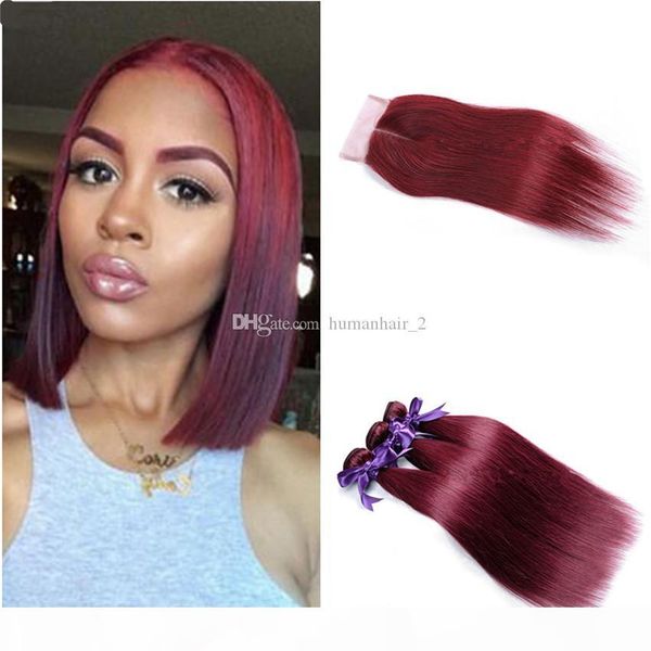 

unprocessed 99j straight virgin hair with closure #99j malaysian human hair 3 bundles with lace closure 4pcs lot 99j wine red hair, Black;brown