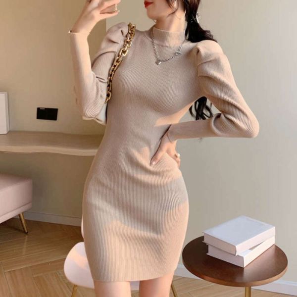 

sleeve yu knitted jie style bottoming bubble dress for women in autumn and winter, Black;gray