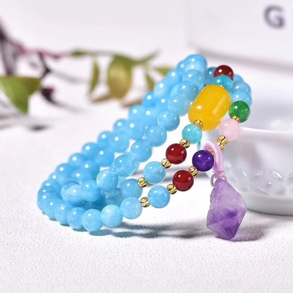

frvte natural sea blue braceletcrystal bracelettreasure chalcedony bracelet circle stone fashion korean women's multi original amethyst, Golden;silver