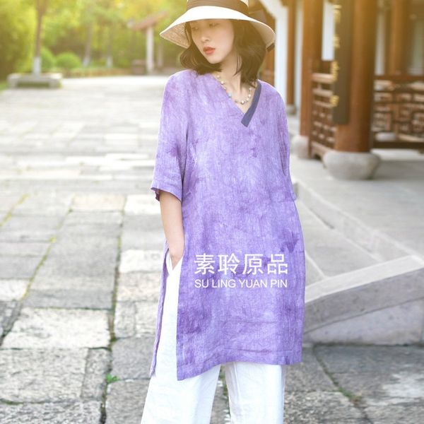 

spring new women's clothing 2020 ramie shirtshirt shirtpurple tie dye mid length zen chinese v-neck high slit shirt 948 tyafc, White