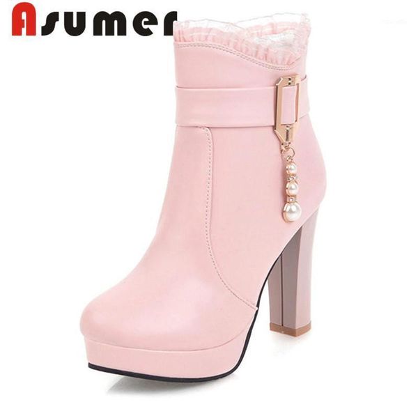 

boots asumer 2021 pearl metal decoration ankle for women solid zip winter round toe fashion high heels1, Black