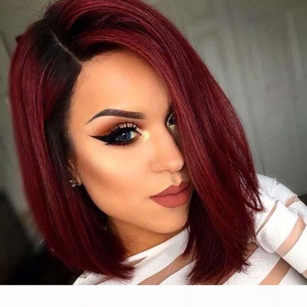 

1b burgundy ombre human hair wigs for black women short bob cut glueless virgin unprocessed brazilian hair wine red short wig cheap, Black;brown