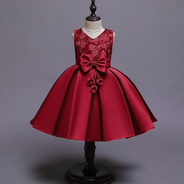 

elegant embroider satin beaded bow show tutu girl dress princess performance party piano evening dress for girls costume k1-1765, Red;yellow
