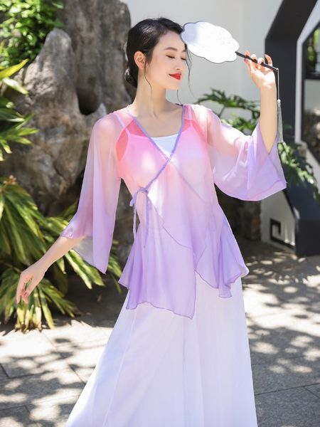 

light tencel dancewear pink purple gradient women folk dance yangko dance costume long sleeve blouse chiffon harem pants summer, Black;red