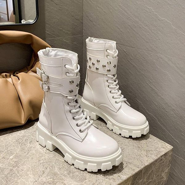 

boots winter autumn women motorcycle style mid calf lace up rivet buckle thick heel 35-43, Black