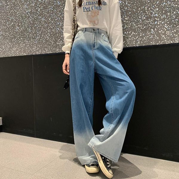 

women's jeans show thin film firm offers high waist bump color denim trousers female design feeling gradual loose wide-legged pants of, Blue
