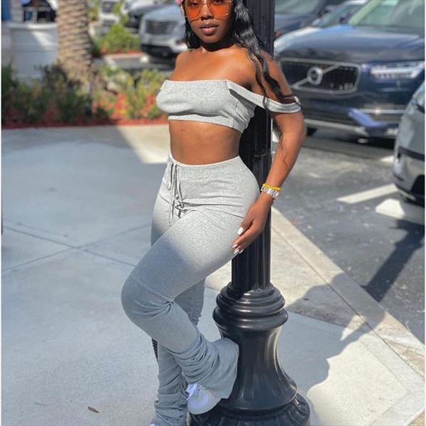 

spaghetti strap off shoulder tube and skinny pants set two piece matching set tracksuit split stacked leggings pant suits, Gray