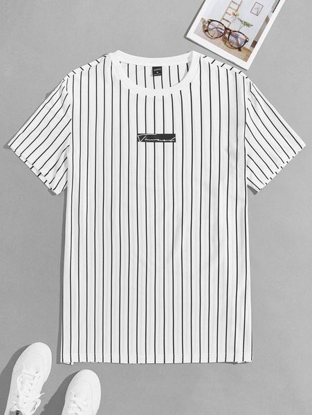 

men pinstriped & letter graphic tee w7ni#, White;black