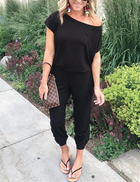 

плюс размер s-3xl summer sexy с плеча с коротким рукавом комбинезоны твердая вскользь тонкий комбинезон для женщин длинные ромпер женский mu, Black;white