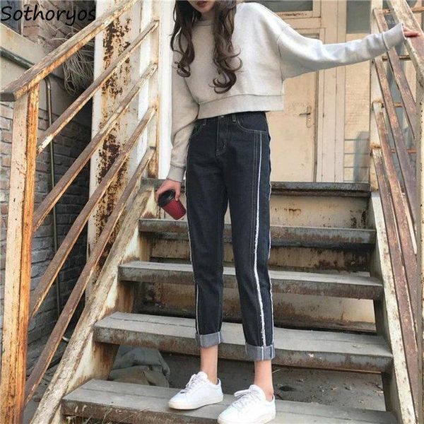 

women jeans harem roll up hem ripped side stripe trousers casual ankle-length all-match chic korean streetwear bf fashion womens1, Blue