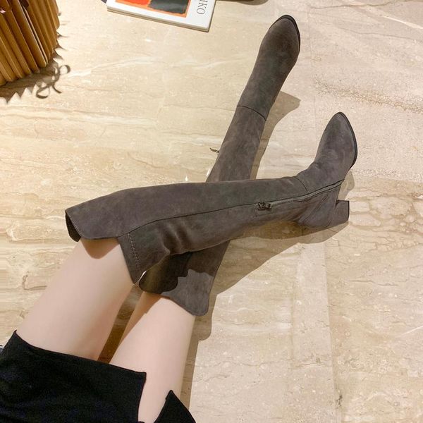 

suede over the knee boots high heels women shoes pointed toe thigh high boots winter long women botas para mujer, Black