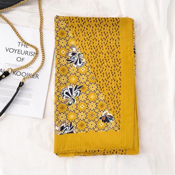 

PHLE Foreign trade export turmeric printed cotton scarf travel air conditioning sunscreen shawl big gauze scarf women luxury, Blue;gray