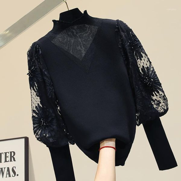 

sweater women new lantern sleeve slim fit turtle-neck black chiffon panel sweater ladies all-match basic blusa jumper femme1, White;black