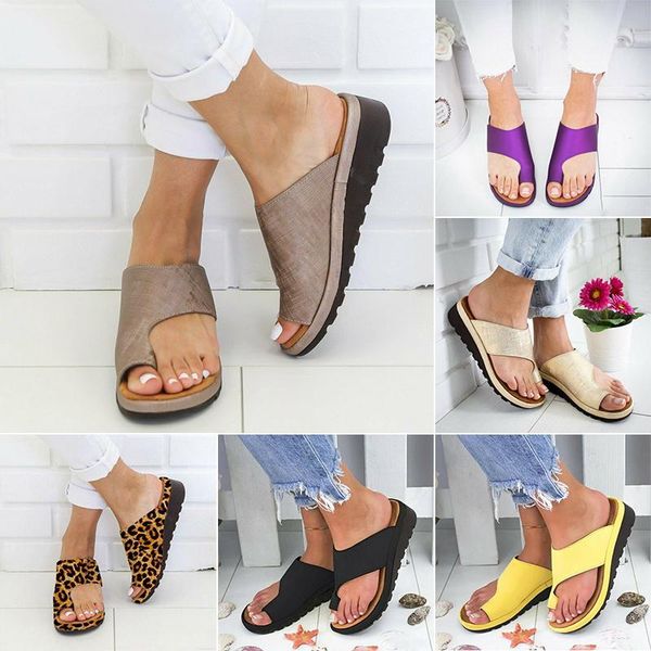 

women pu leather sandals flip flops woman shoes platform flat sole casual orthopedic bunion corrector ladies foot correction, Black