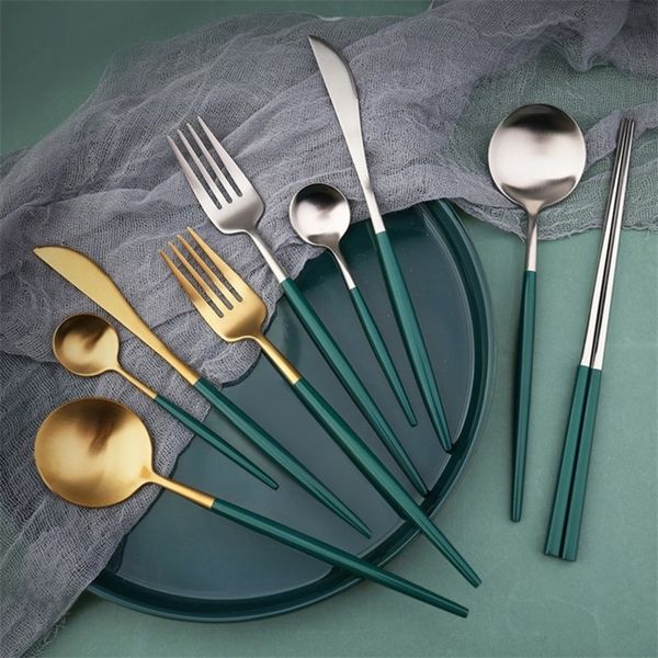 

13pcs/lot gold silver tableware stainless steel chopsticks spoon fork knife spoon dinner flatware dinnerware turquoise kitchen tools h2201