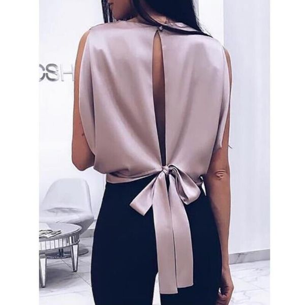 

summer cami women backless tank solid satinvest back bandage bowknot short tee shirt women tanks, White