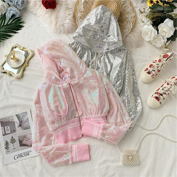 

women's jackets sequined fashion short women hooded long sleeve female coats 2021 spring autumn all-matched zipper cardigan jacket1, Black;brown