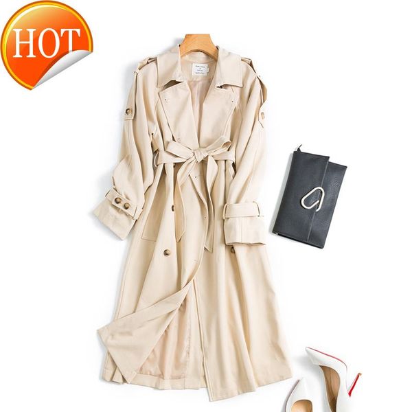 

medium length coat women's spring and autumn khaki over knee windbreaker belt feminine temperament fashionable cool accessories, Black