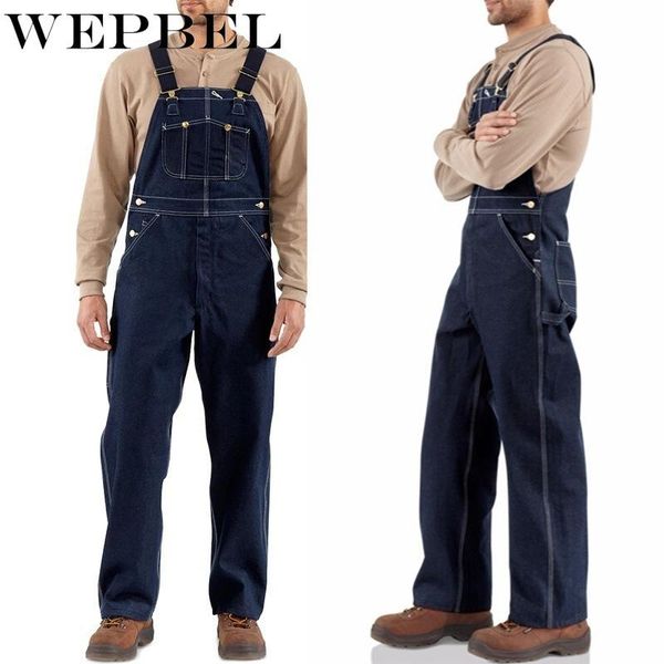 

men's jeans wepbel fashion overalls high street straight denim jumpsuits hip hop men cargo bib pants cowboy male jean trousers, Blue