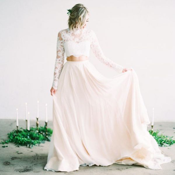 Два куска Boho Beach Wedding платье линия 2021 длинные рукава невесты платья верхний аппликационный высокий шеи иллюзия кружева шифоновая страна свадебные платья