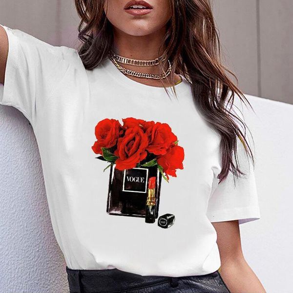 

casual woman tee women clothes print flower perfume bottle sweet short sleeve tshirt printed women shirt t female t-shirt top, White