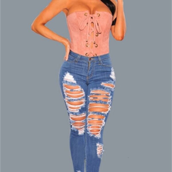 

women skinny hole jeans blue ripped distressed denim pants zipper pencil pants long trousers women pants clothing ing