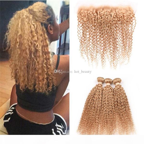 

kinky curly brazilian honey blonde virgin human hair 3 bundles deals with frontals 4pcs lot #27 strawberry blonde 13x4 full lace frontal, Black