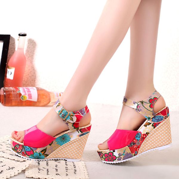

women sandals summer platform wedges casual shoes woman floral super high heels open toe slides slippers sandalias zapatos mujer, Black