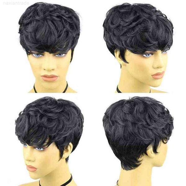 

hu short hair mechanism heaear t color curly straight, Black