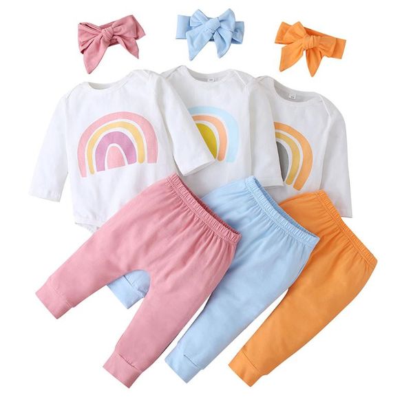 

three piece baby girl boy clothes set autumn winter rainbow long sleeve bodysuit pants with headband outfits set 6-18months, White