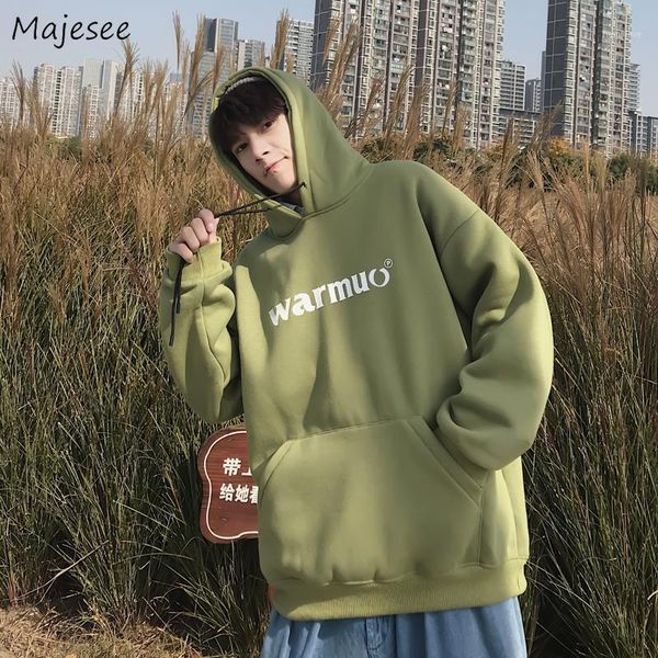 

men with hat hoodies sweatshirts letter print plus velvet thicken males leisure chic trendy loose simple all-match outwear warm1, Black