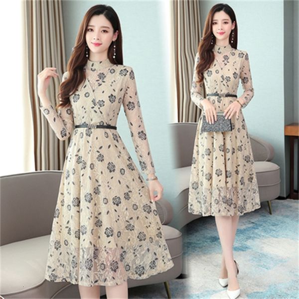 

long sleeve floral lace plus size dresses mujer hollow out of the ladies dressed korean dress in fashion dh5k, Black;gray