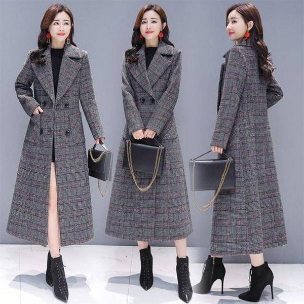 

women's winter coat artificial wool plaid long m-4xl plus size lapel long-sleeved loose fashion houndstooth korean jacket nz5, Black