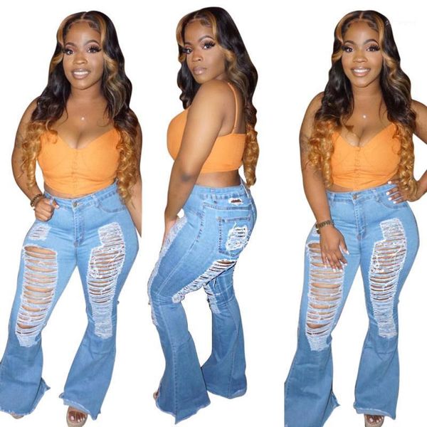 

wholesal dropshpping new fashion women's jeans high-rise stacked jeans hollow hole flare pants zipper long nightclub1, Blue