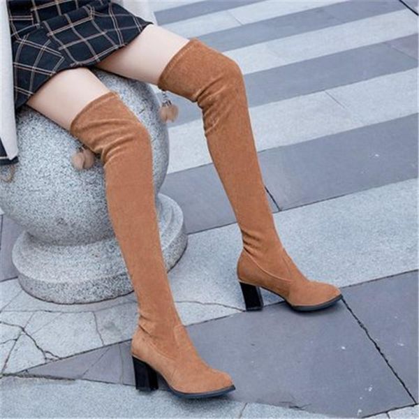 

новые женщины замша faux stretch над коленом boots мода сексуальной женщина осень зима леди молнией высоких сапог 8сма высоких каблуков, Black