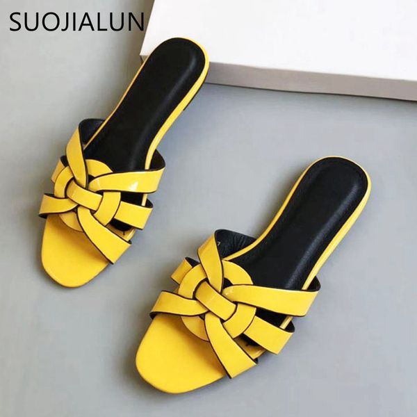 

suojialun women brand slippers summer slides fashion patent leather open toe flat casual shoes sandal beach flip flops size 41 y200423, Black