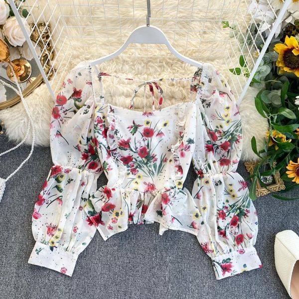 

womens blouses and french style floral print square neck designer irregular ruffle elastic chiffon shirt back tie, White