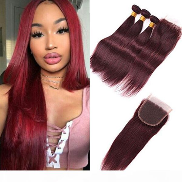 

8a mongolian straight virgin hair with 4x4'' lace closure 4pcs lot burgundy human hair with closure 99j red wine hair weave 3, Black;brown